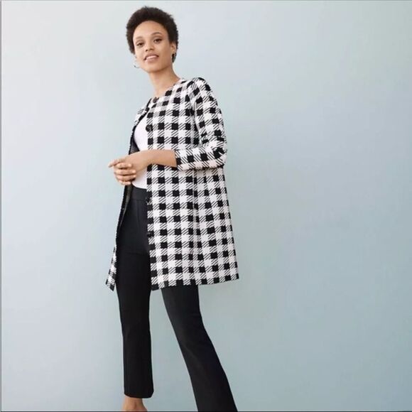 Ann Taylor black white gingham plaid button front coatigan knit small s - Picture 2 of 8